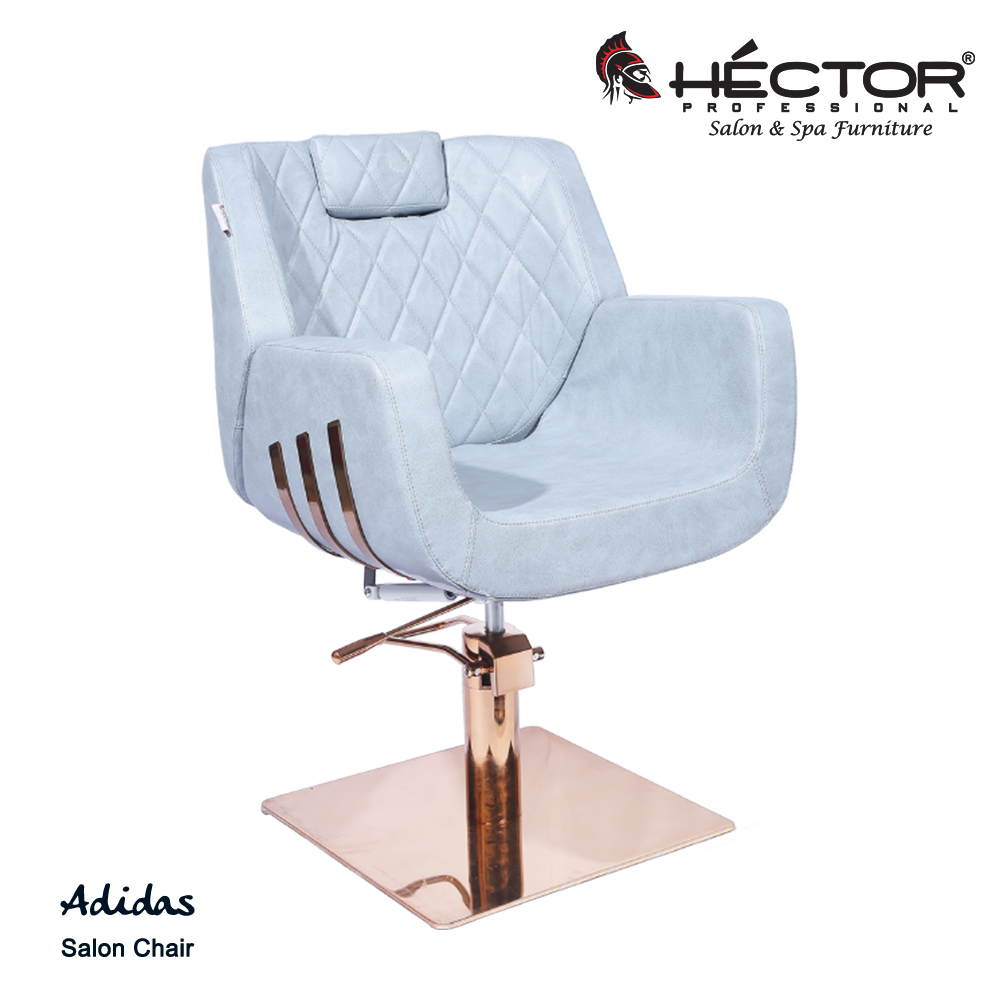 Hector Professional Adidas Salon Chair in light blue-grey textured leatherette with diamond-quilted backrest, rose gold triple-stripe side accents, and a rose gold hydraulic base with matching footrest.