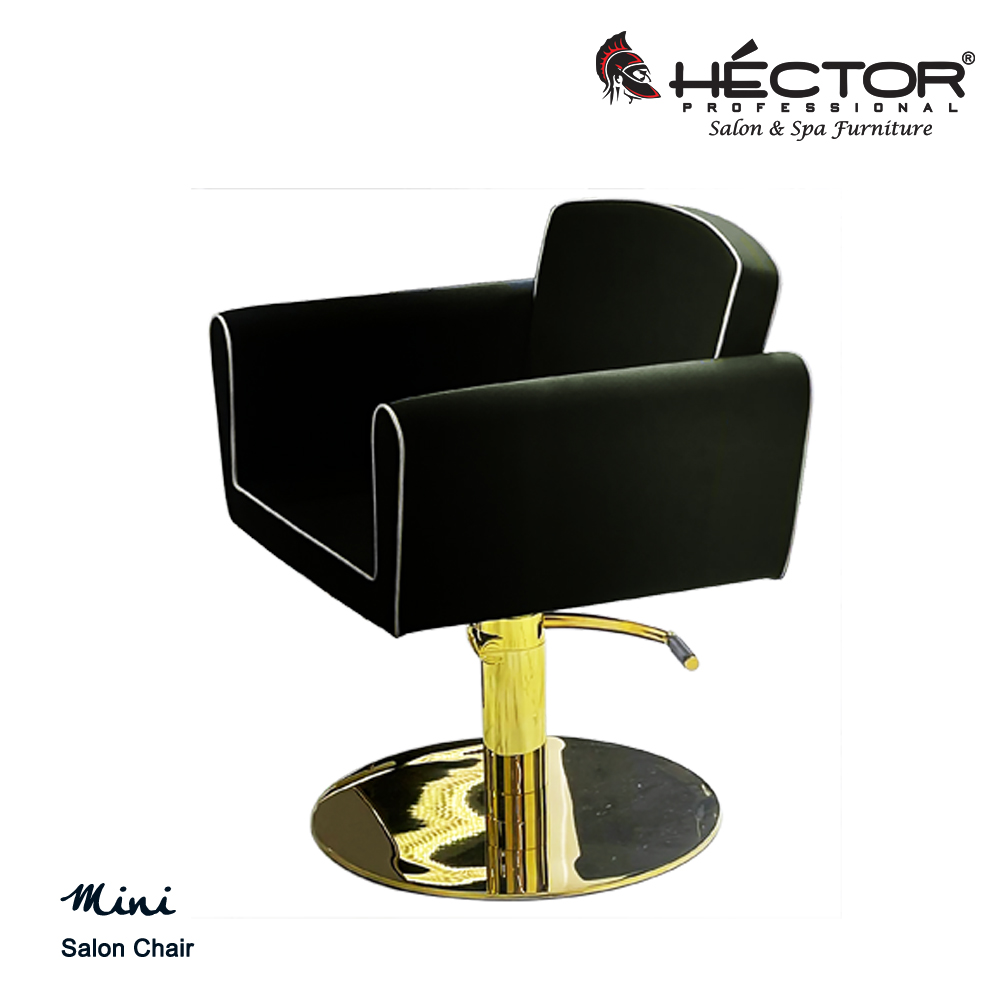 Mini Salon Chair A symmetrical front profile of the Mini Salon Chair in matte black, featuring high-contrast white piping, flared armrests, an adjustable cylindrical headrest, and a polished square chrome hydraulic base.