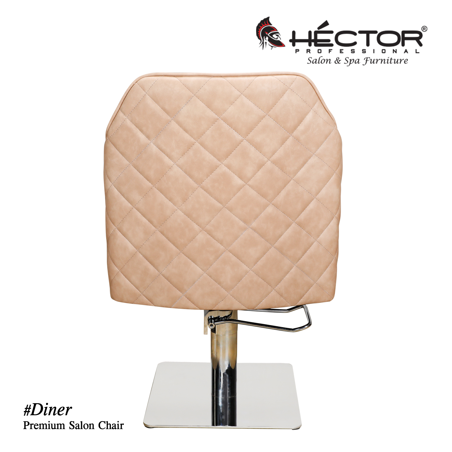 Rear view of the Diner Premium Salon Chair by Héctor Professional, featuring a beige diamond-quilted backrest, a high-shine chrome hydraulic pump, and a stable square metallic base.