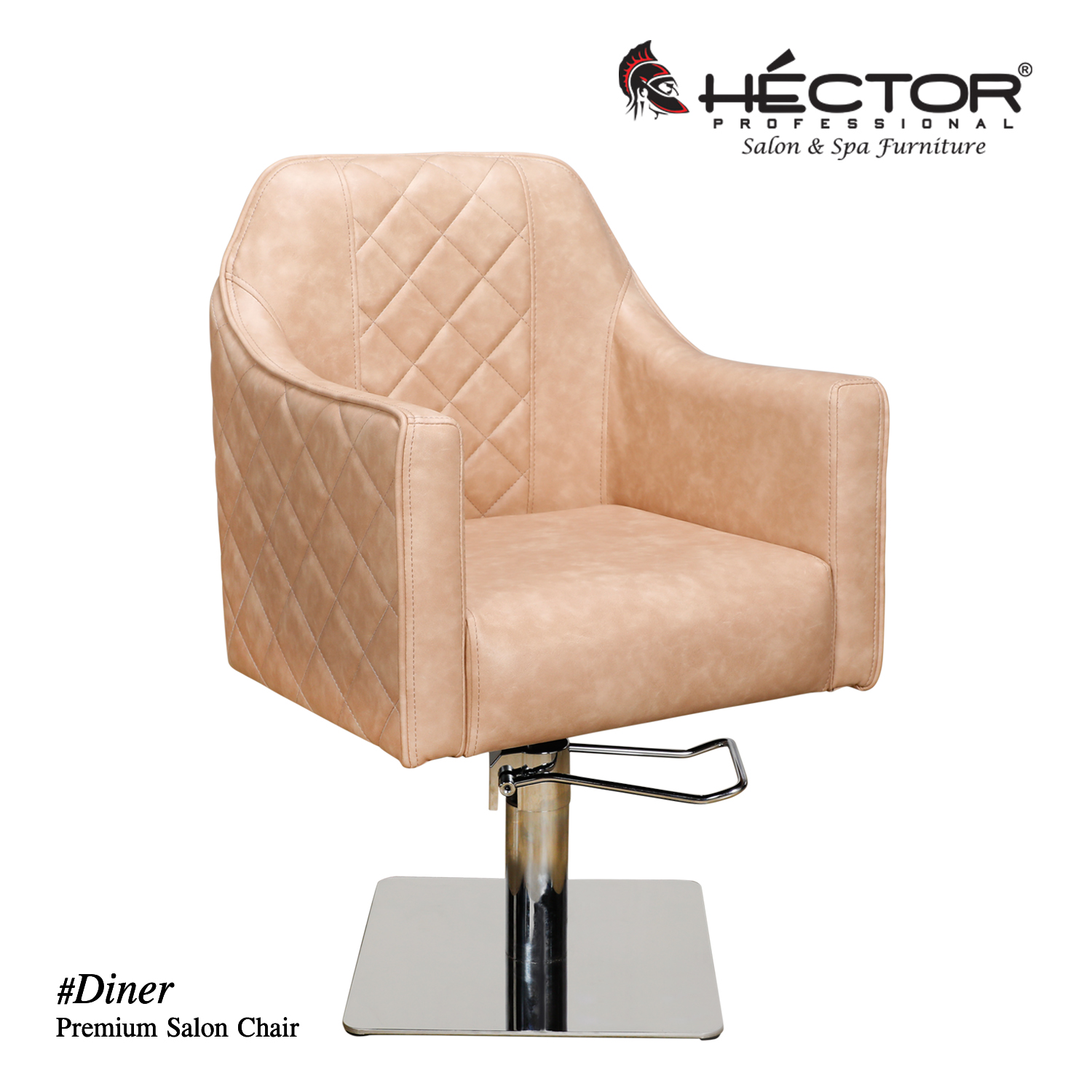 Simplicity Diner premium salon chair Side profile of the Gold Simplicity FB chair showing the square-grid quilted panels and the integrated chrome recline lever.