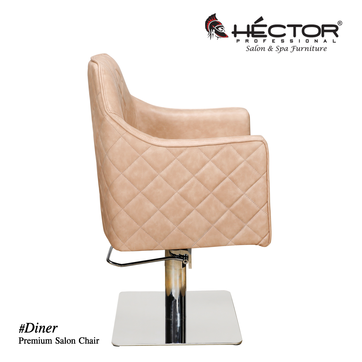Direct side profile of the Diner Premium Salon Chair by Héctor Professional in beige leatherette, showcasing the consistent diamond-quilted pattern across the outer armrest and backrest, mounted on a square metallic hydraulic base.
