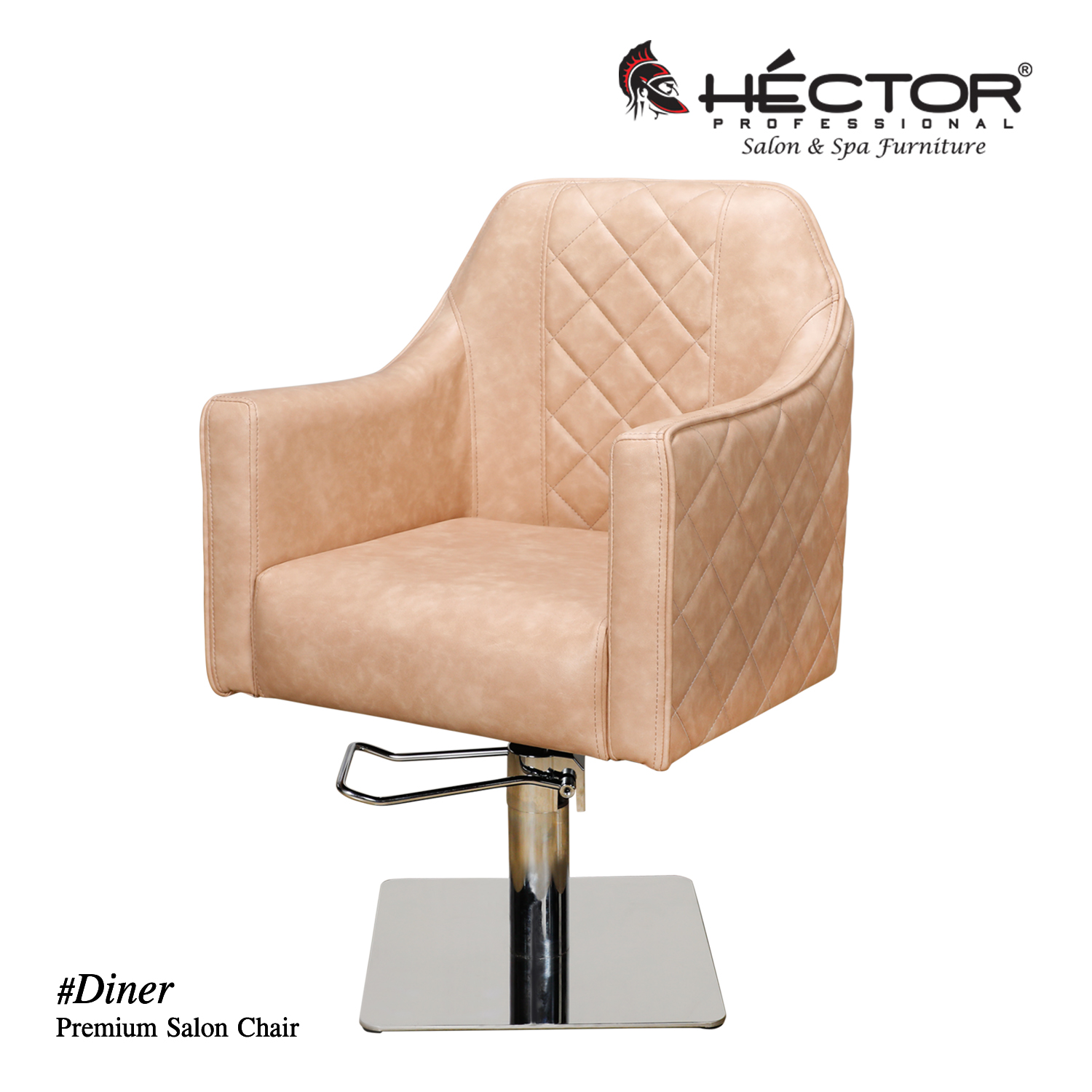 Direct side profile of the Diner Premium Salon Chair by Héctor Professional in beige, showcasing the diamond-quilted pattern on the outer armrest and backrest with a square chrome base.