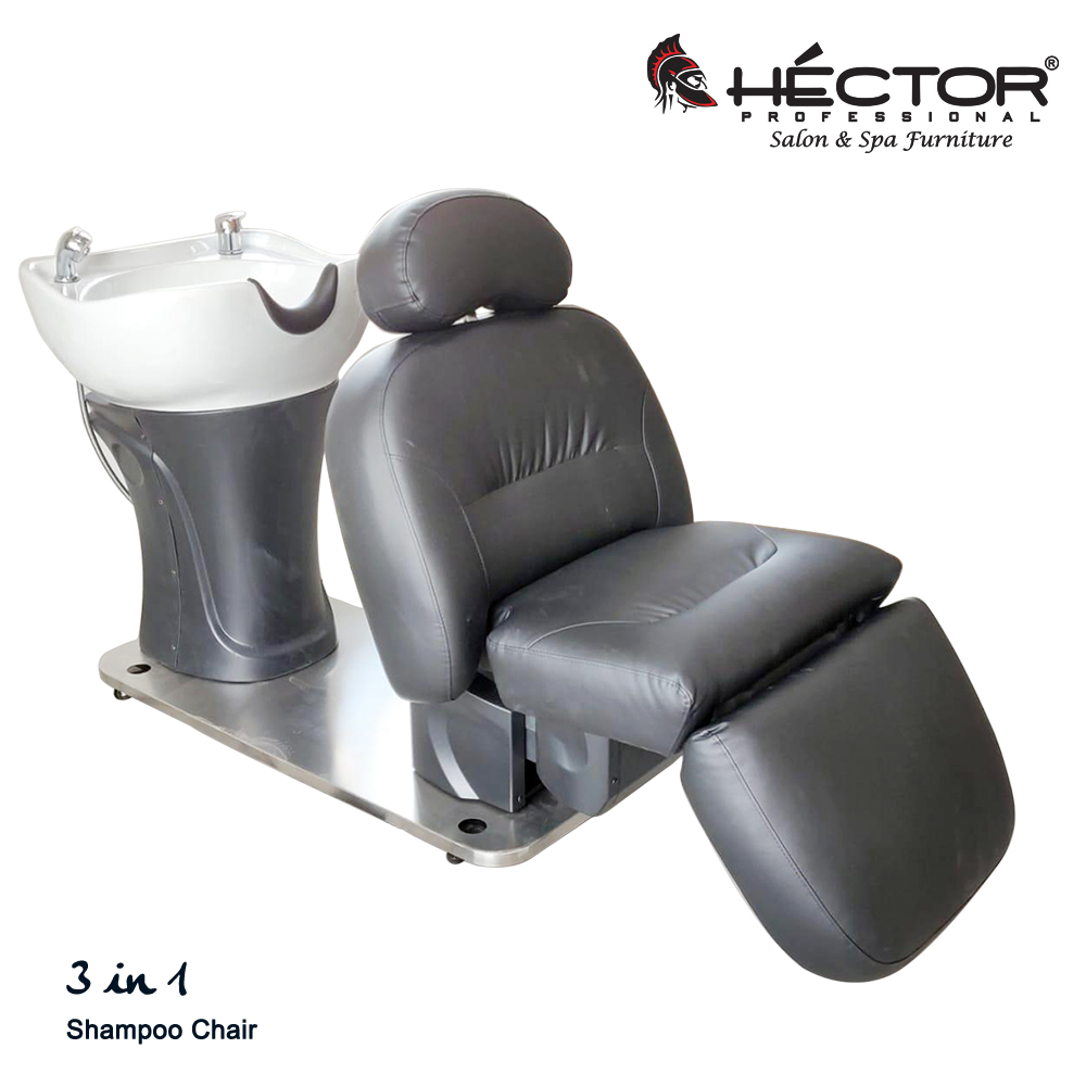 3 in 1 shampoo station Hector Professional 3 in 1 Shampoo station with adjustable headrest, reclining black leather seat, integrated leg rest, and white ceramic sink on a stainless steel base.