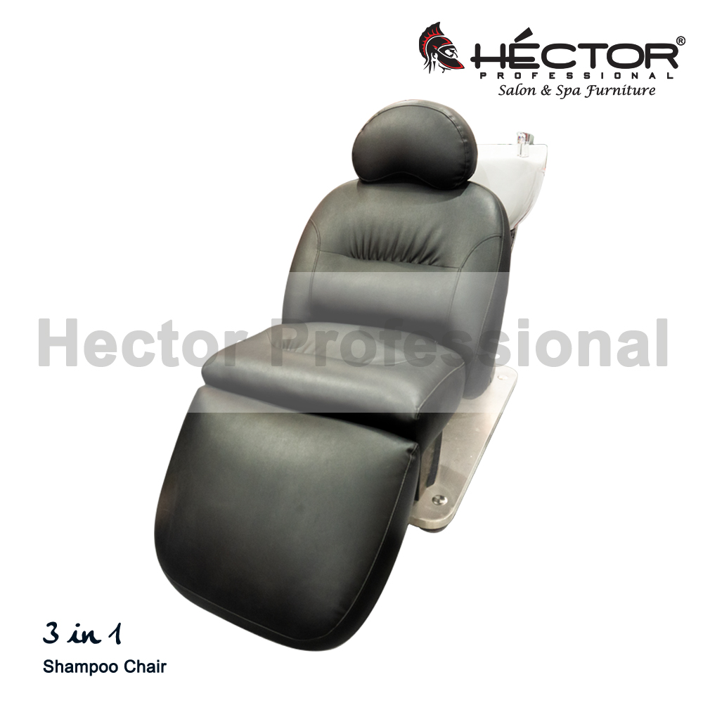 Hector Professional 3 in 1 Shampoo station featuring a reclining black leather seat with adjustable headrest, integrated leg rest, and white ceramic sink.