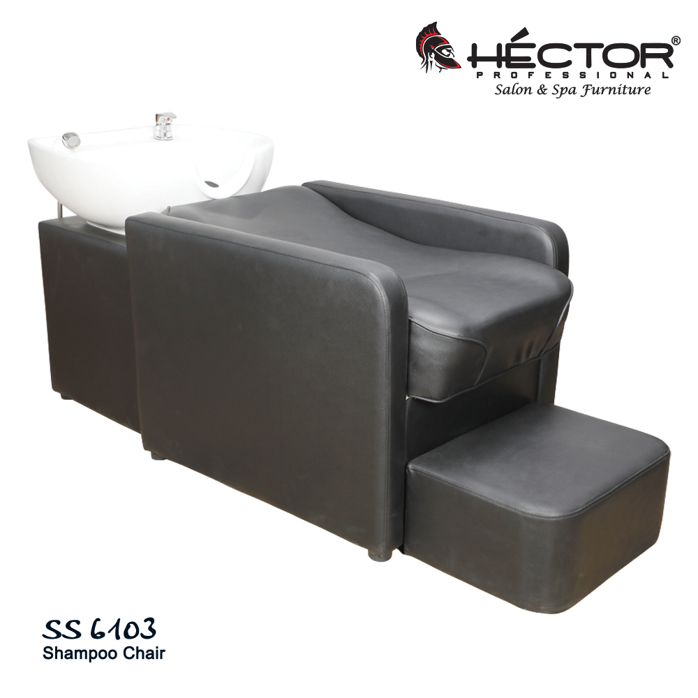 6103 shampoo station Hector Professional 6171 Shampoo station with reclining black leather upholstery, integrated leg rest, and deep black ceramic backwash bowl.