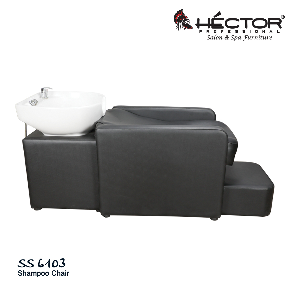 6103 shampoo station Hector Professional 6103 Shampoo station with black leatherette upholstery, low-profile box design, and a white ceramic backwash bowl.