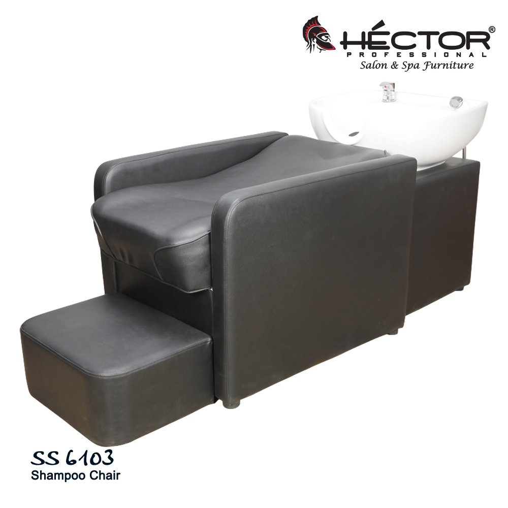 6103 shampoo station Angled view of Hector Professional 6103 Shampoo station featuring black leatherette upholstery, a matching footrest stool, and a white ceramic wash basin.