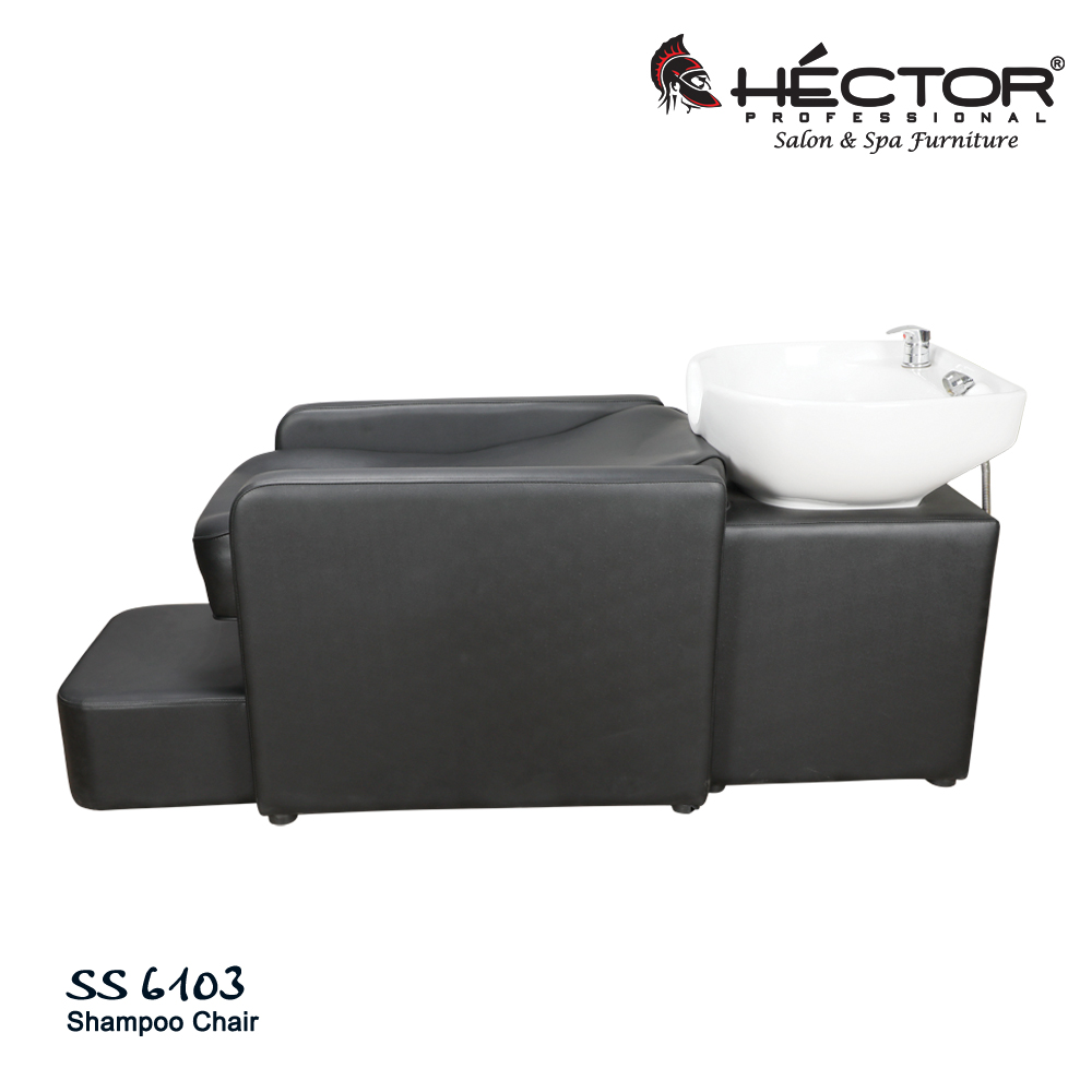 6103 shampoo station Angled view of Hector Professional 6103 Shampoo station featuring black leatherette upholstery, a matching footrest stool, and a white ceramic wash basin.