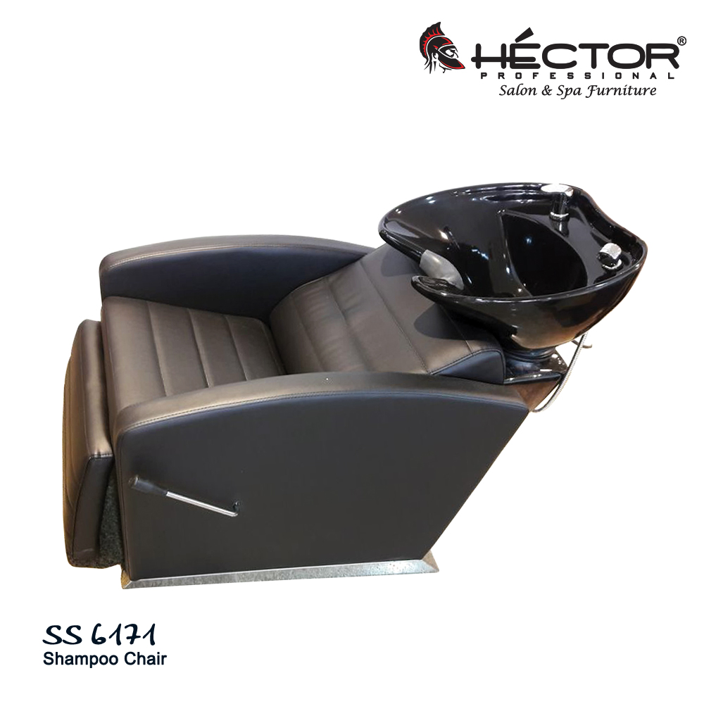 Rear view of Hector Professional 6171 Shampoo station featuring black leather upholstery and a high-gloss black ceramic backwash basin with blue plumbing hoses.