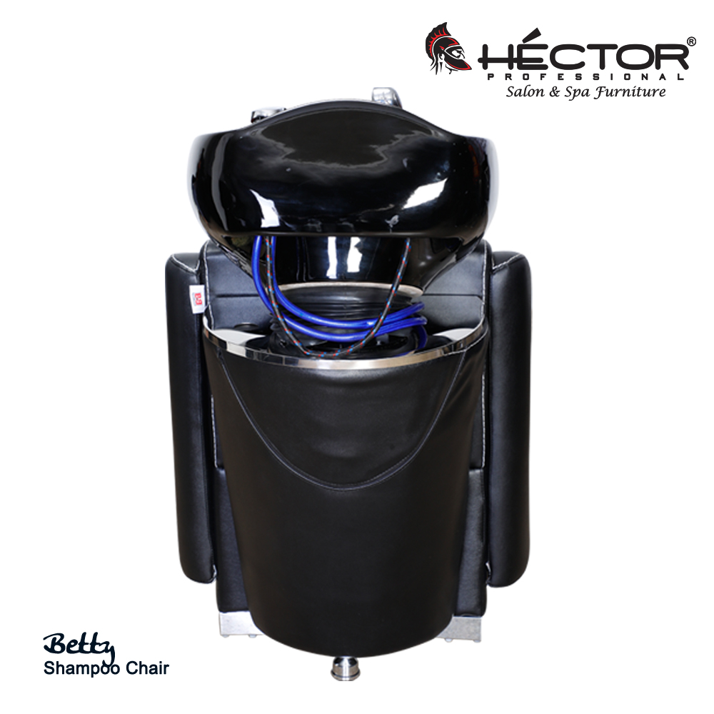 Rear view of Hector Professional Betty Shampoo station featuring black leather upholstery and a high-gloss black ceramic backwash basin with blue plumbing hoses.
