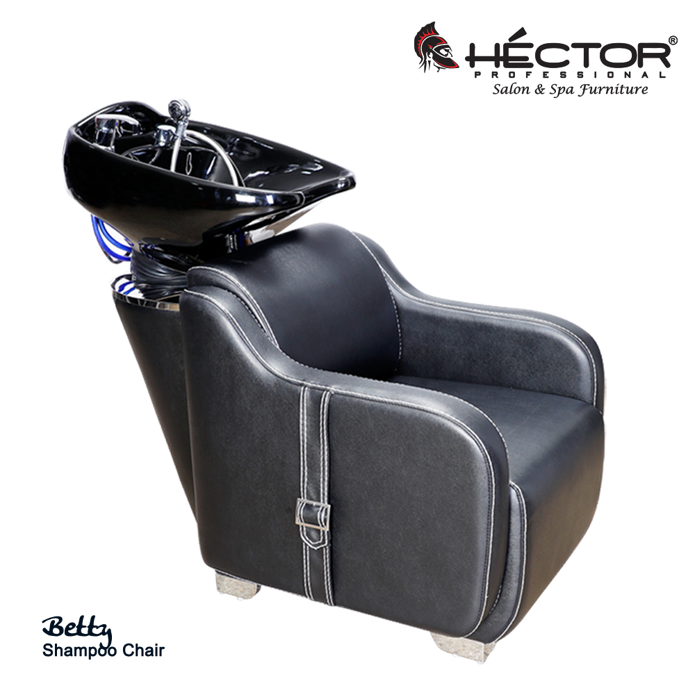 Rear view of Hector Professional Betty Shampoo station featuring black leather upholstery and a high-gloss black ceramic backwash basin with blue plumbing hoses.