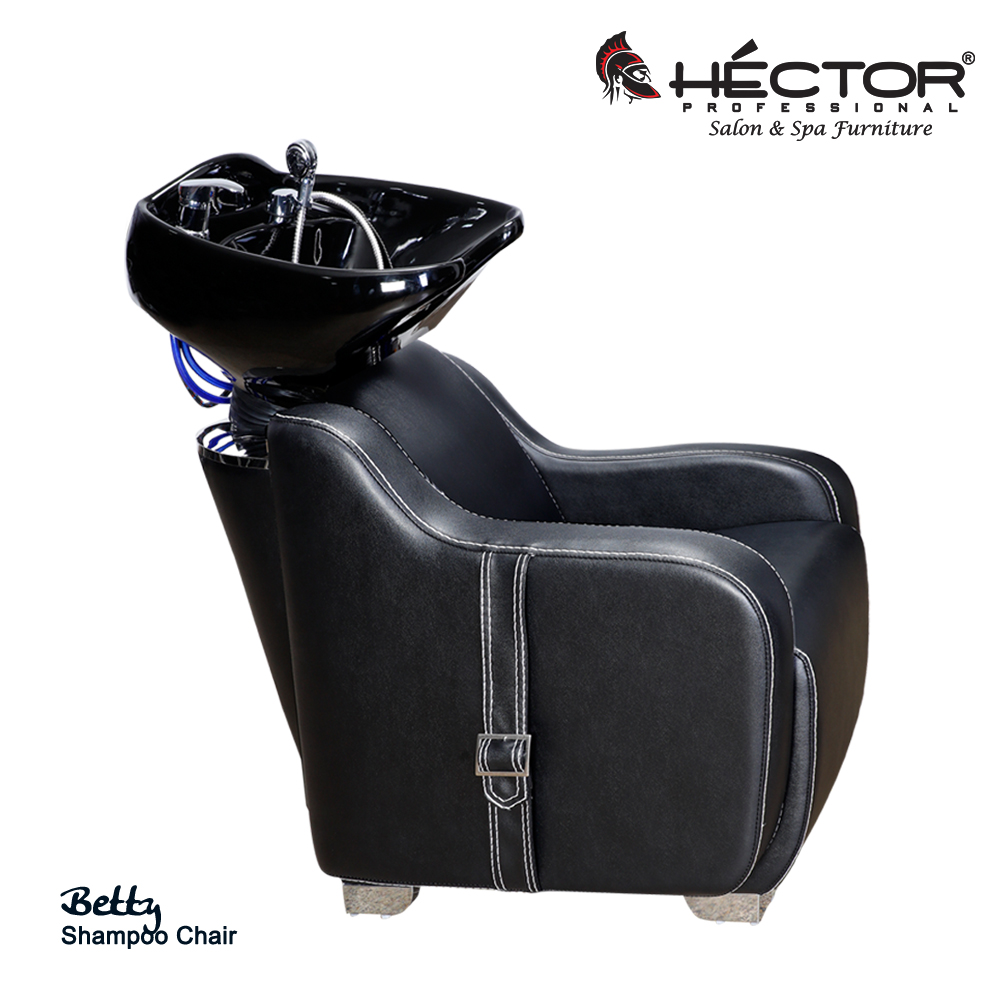 Rear view of Hector Professional Betty Shampoo Chair featuring black leather upholstery and a high-gloss black ceramic backwash basin with blue plumbing hoses.
