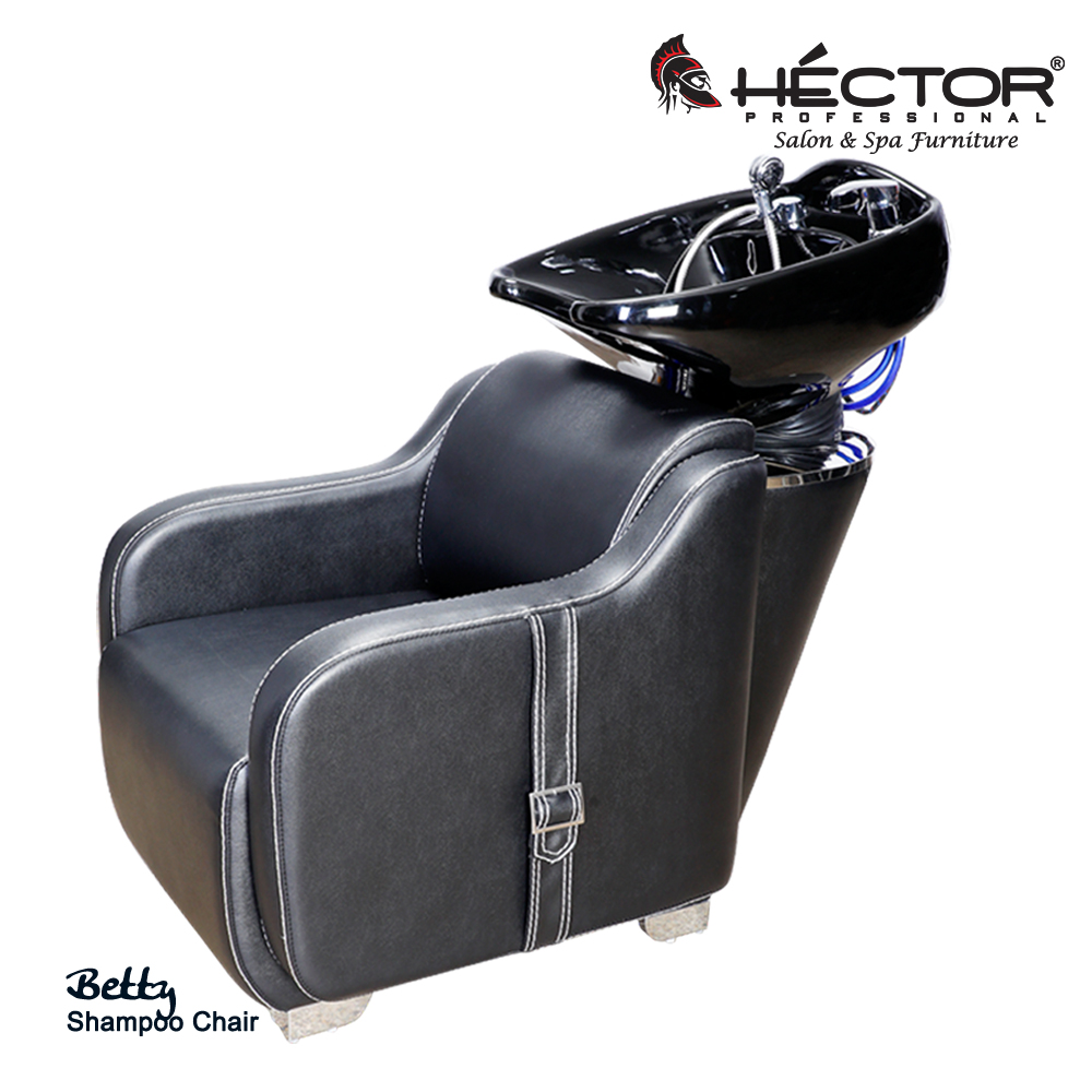 Rear view of Hector Professional Betty Shampoo station featuring black leather upholstery and a high-gloss black ceramic backwash basin with blue plumbing hoses.