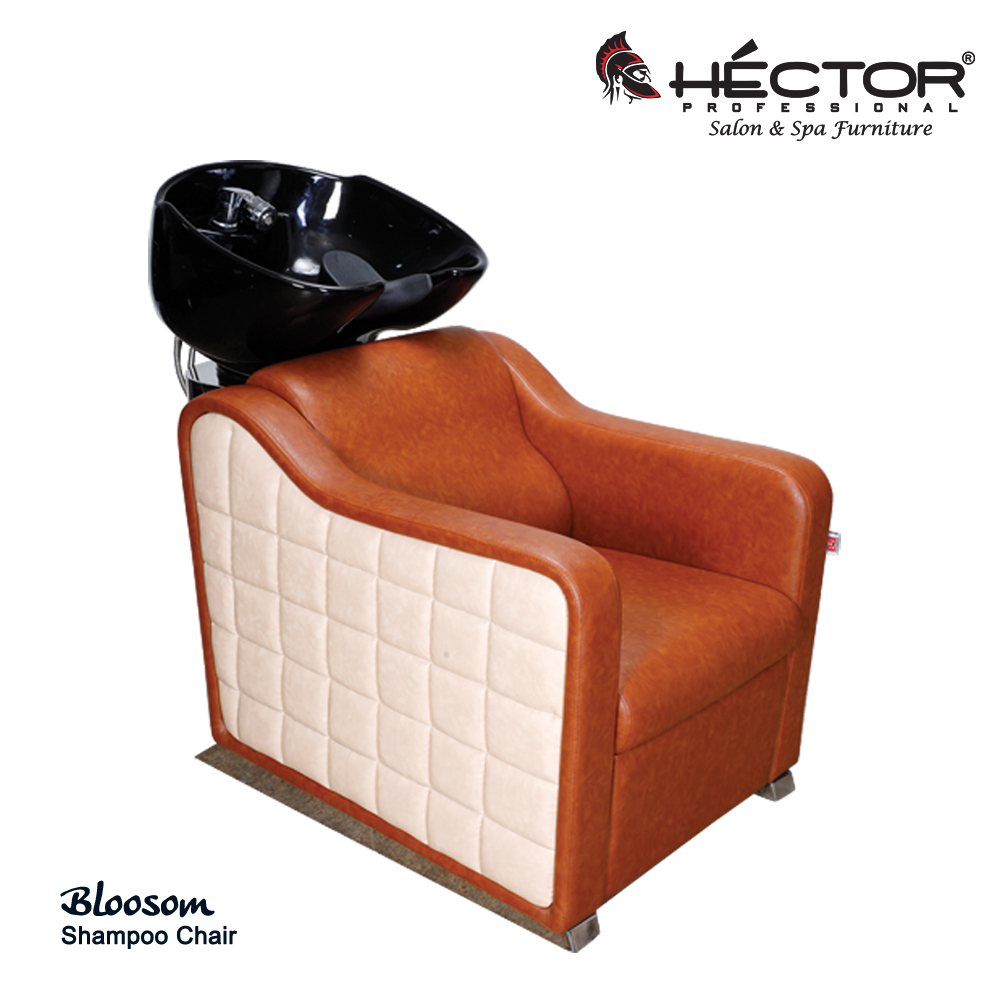Bloosom Shampoo Station Hector Professional Bloosom Shampoo Shampoo station with dual-tone tan and cream quilted upholstery and a black ceramic wash basin.