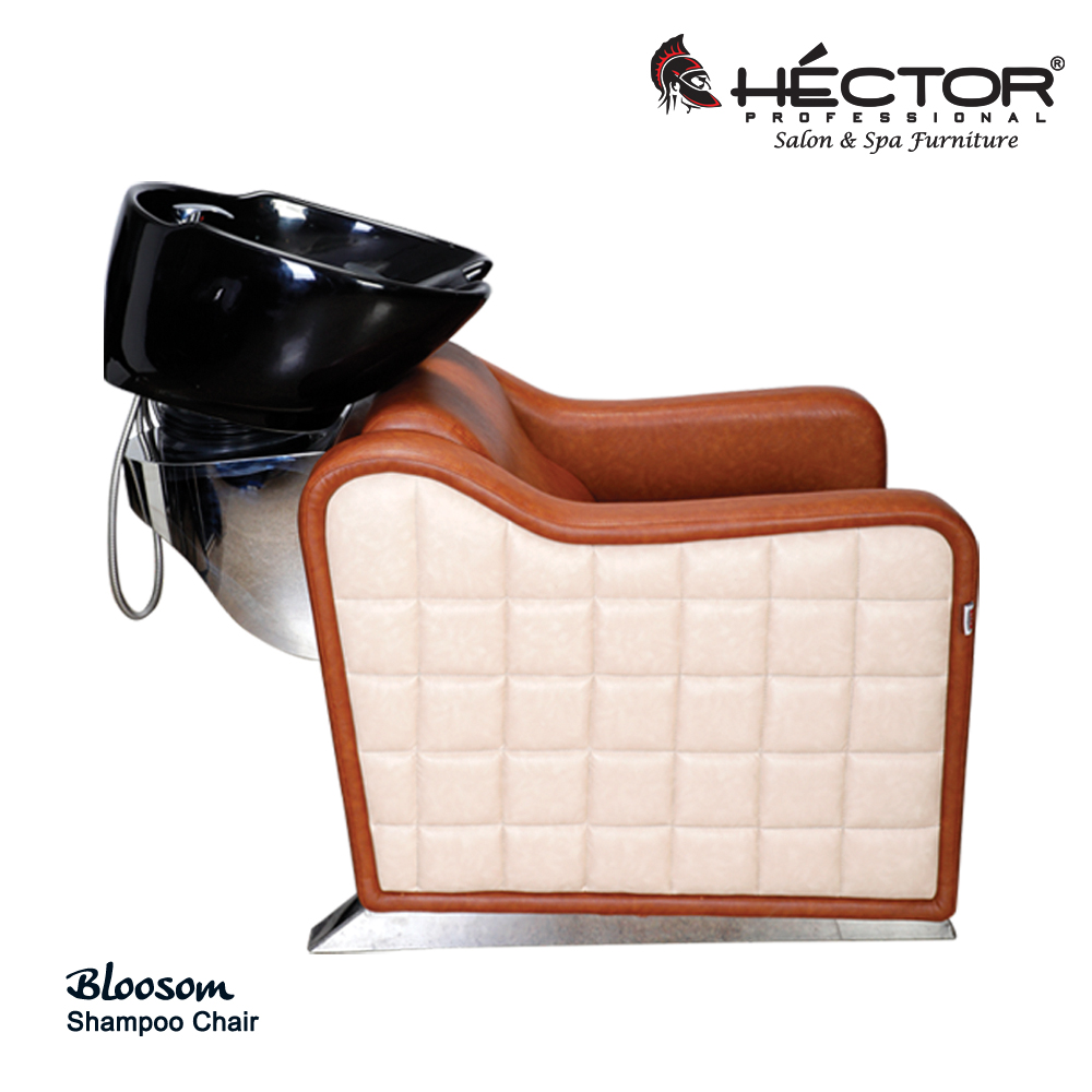 Bloosom Shampoo Station Side view of Hector Professional Bloosom Shampoo station featuring cream quilted side panels, tan leatherette trim, and a black tilting ceramic wash basin.