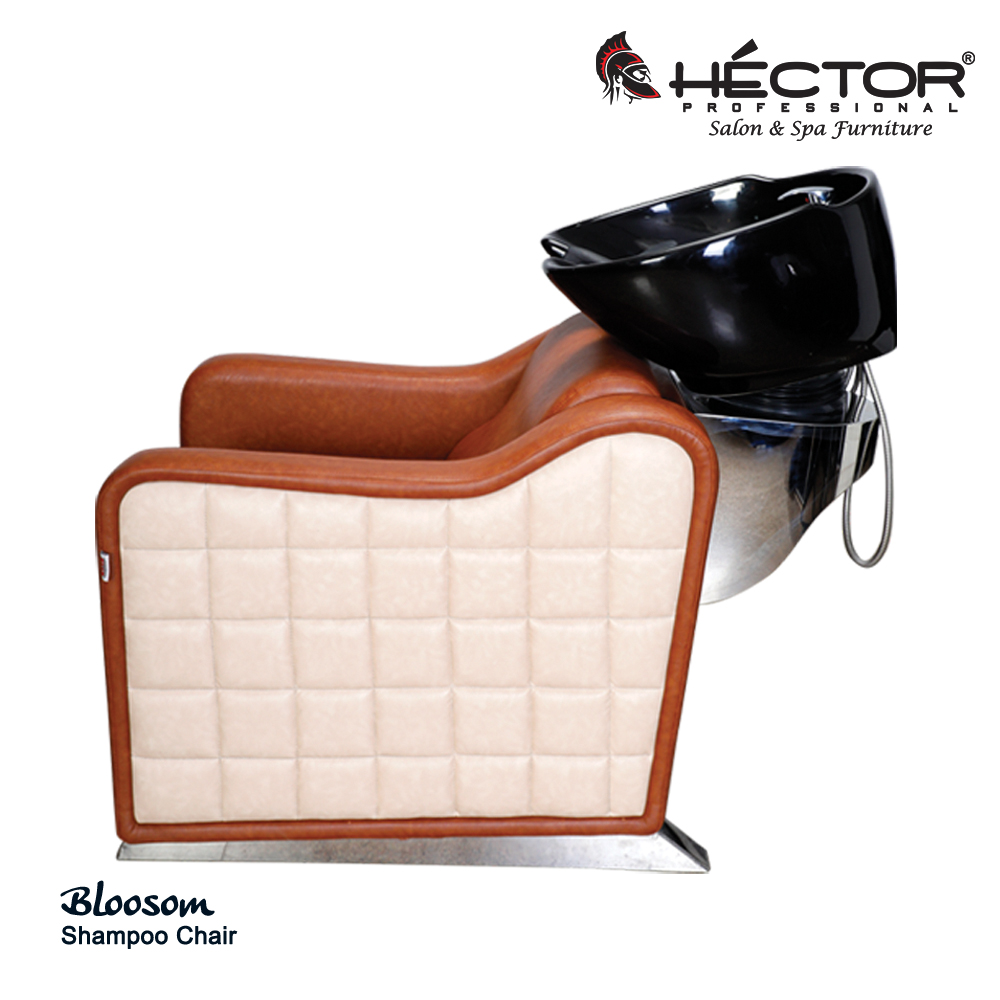 Side view of Hector Professional Bloosom Shampoo station showing quilted cream side panels, tan upholstery, and black ceramic wash basin.