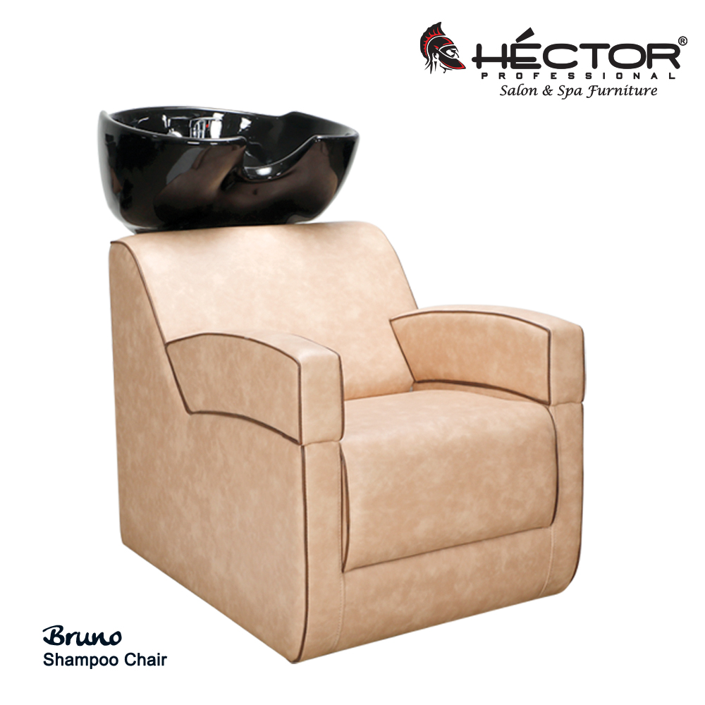 Bruno Shampoo Station n angled view of the Héctor Professional Bruno Shampoo station showcasing its plush, beige leatherette upholstery with contrasting dark brown piping.