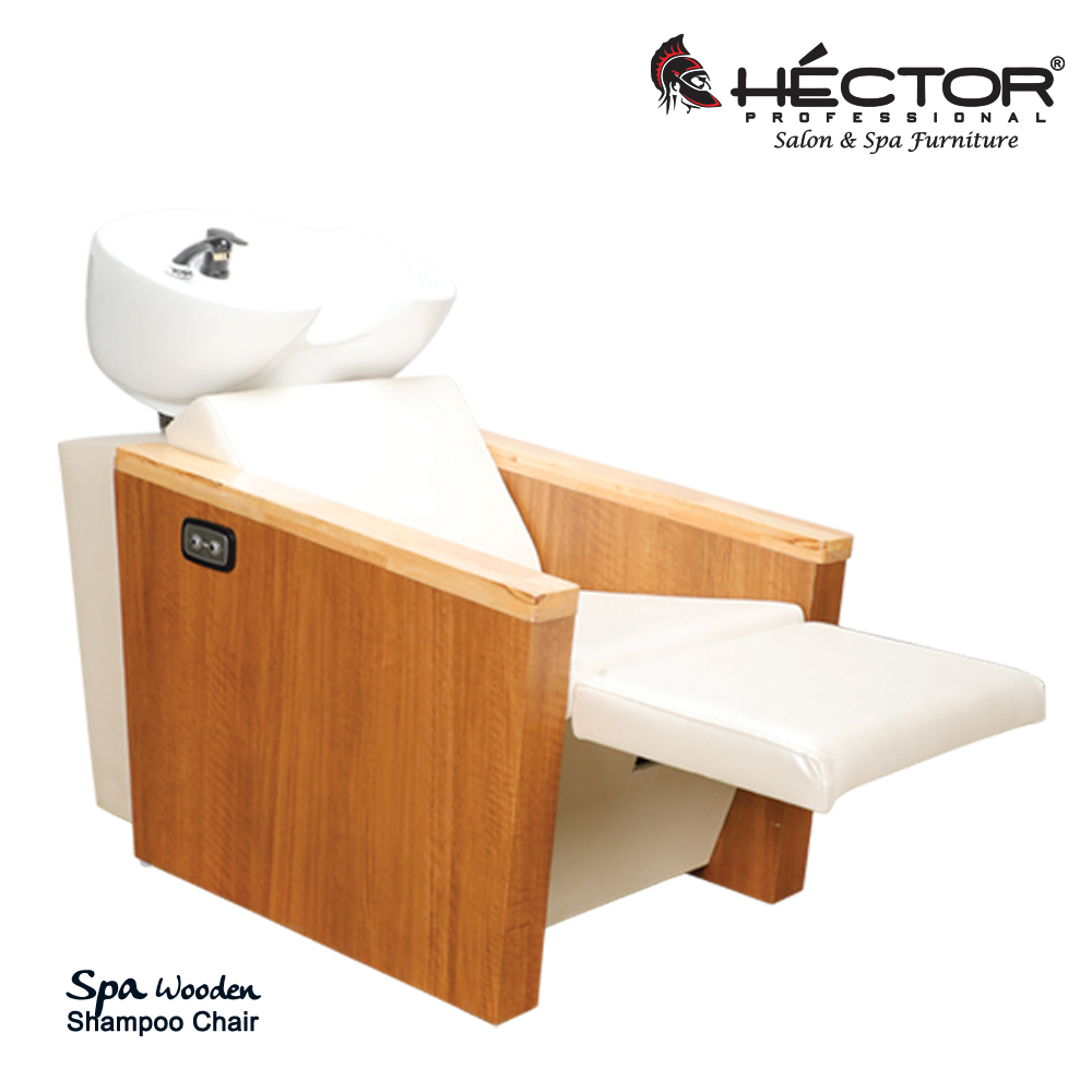 Héctor Professional Spa Wooden Shampoo station with white upholstery and reclining footrest.