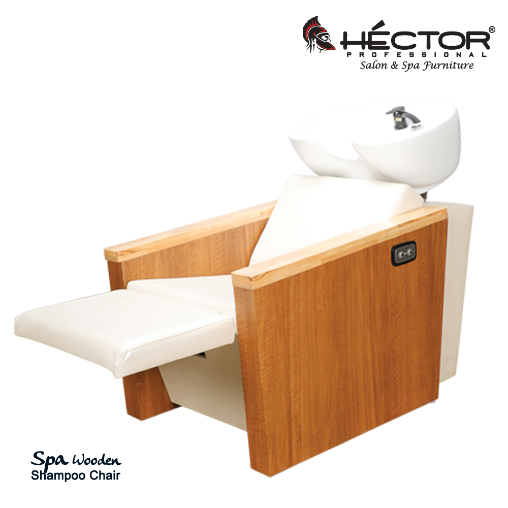 Héctor Professional Spa Wooden Shampoo Station with white upholstery and extended leg rest.