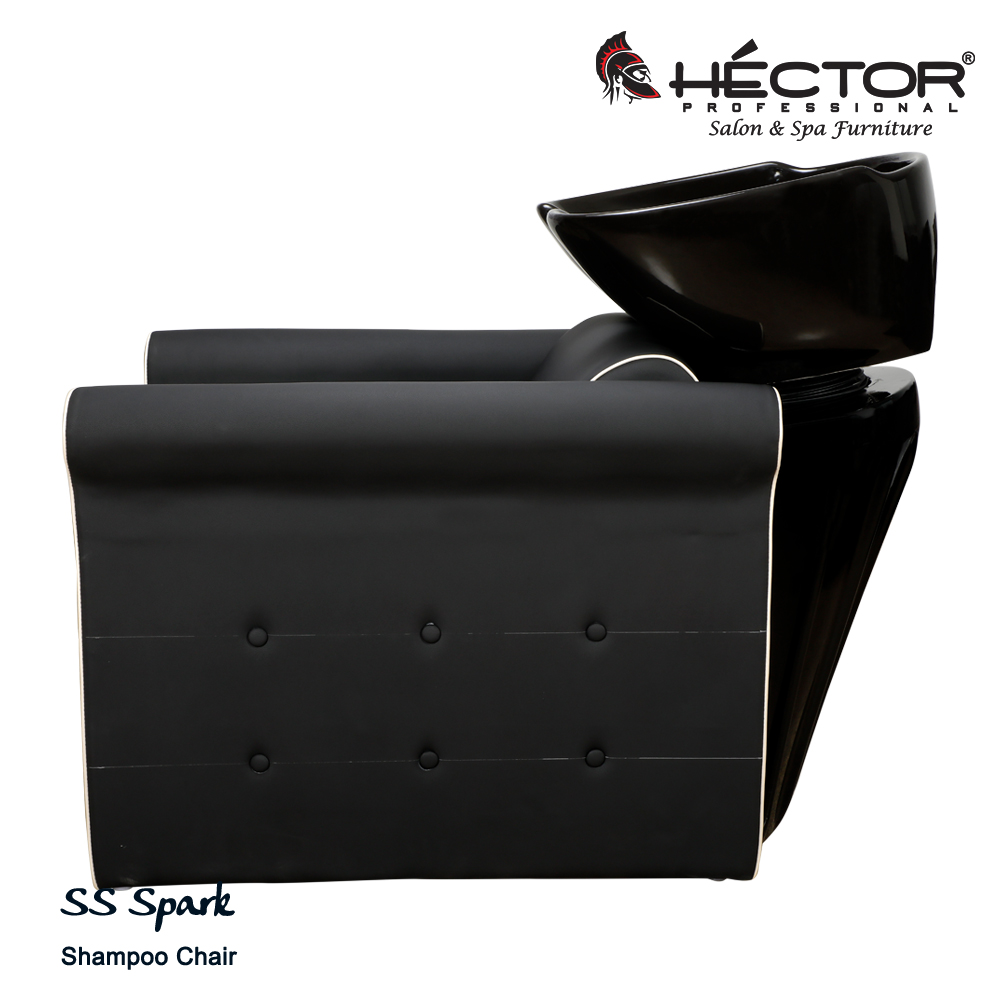 Side and perspective view of the Hector Professional SS Spark shampoo chair featuring matte black upholstery, white contrast piping, and button-tufted side panels with a deep black ceramic basin.