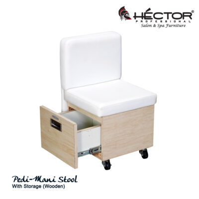 Hector Professional Pedi-Mani Stool with Wooden Storage Drawer and White Leatherette Seat on Wheels